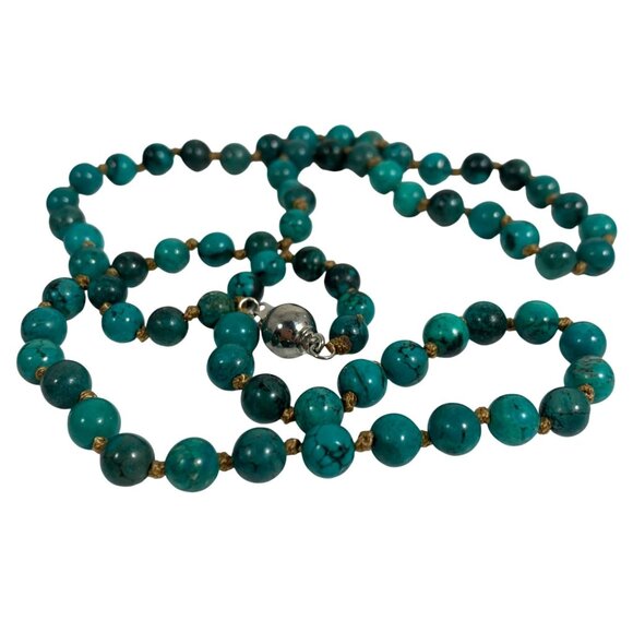 Round Turquoise Beaded Necklace w/ Brown Thread Knotted Accents, Silver Clasp - Picture 2 of 4